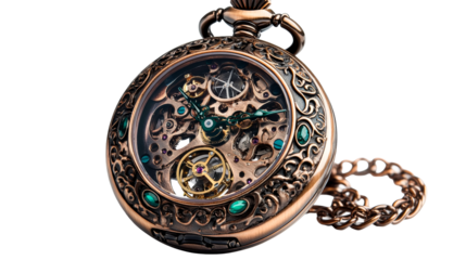 Ornate bronze skeleton pocket watch, jewel accents, mechanical, cut out transparent