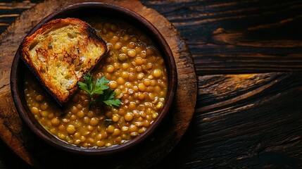 Hearty Lentil Soup with Toasted Crusty Bread served in a Rustic Bowl