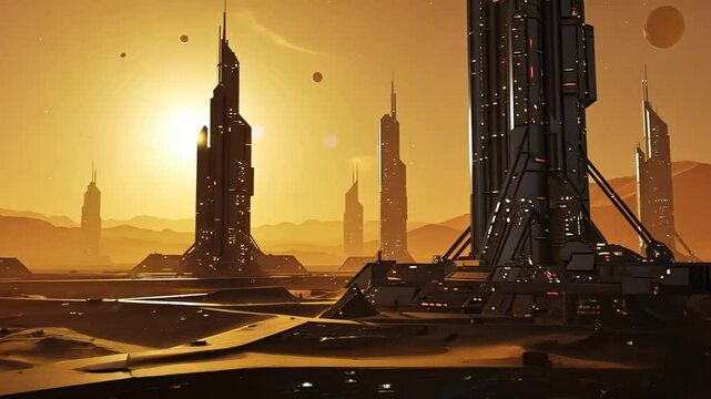 Exploring Futuristic Cityscape on Distant Planet Golden Sunset