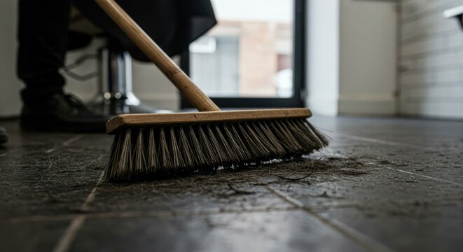 Broom sweeping hair at barbershop, after a haircut