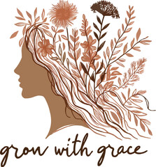 Woman face with colorful floral hair  luxury botanical  line art illustration. Generative AI.