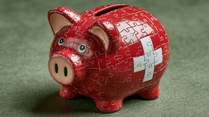 Red piggy bank made of puzzle pieces with white cross symbol on side standing on textured surface representing financial planning, insurance savings, healthcare protection and economic stability