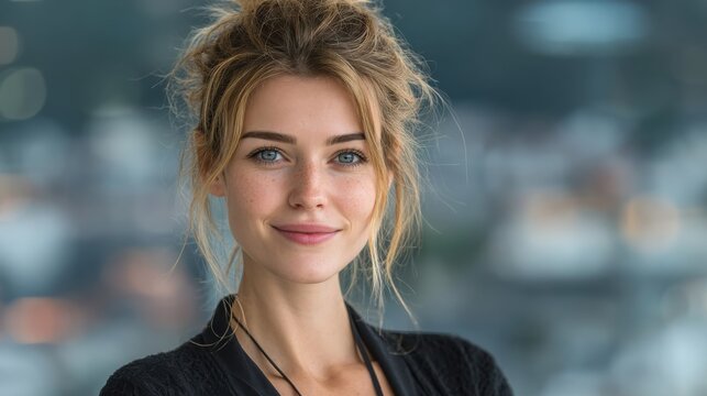 Portrait of a confident young woman with clear skin and gentle smile against urban background ideal for personal insurance marketing, customer service branding and financial service visuals