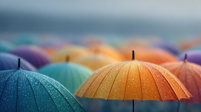 Colorful umbrellas covered in raindrops under soft light symbolizing insurance coverage, personal protection, weather risk management and metaphorical safety in uncertain conditions