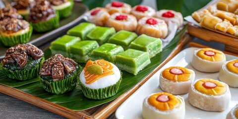 colorful assortment of traditional Asian desserts displayed on trays and banana leaves.