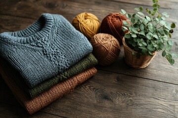 Fototapeta premium Cozy Knitwear Stack: Autumnal Hues and Rustic Charm