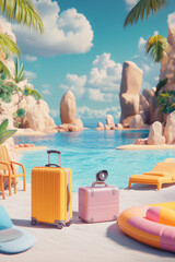 A vibrant beach scene with a stylized, playful vibe. Includes colorful items like a suitcase, inflatable ring, beach chair, and a camera, framed by palm trees and a bright ocean backdrop.