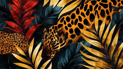 Tropical foliage backdrop with spotted jaguar silhouettes.