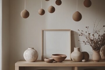 Neutral Decor Display On Wooden Shelf With Clay Pots And Dried Flowers