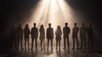 Silhouettes of diverse individuals in spotlight.