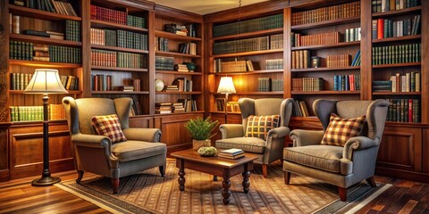 Cozy reading nook with traditional wooden bookshelves and plush armchairs
