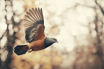 Obraz premium Beautiful flying pigeon bird with spread wings in soft natural sunlight, captured in mid-flight with detailed feather textures against blurred autumn background