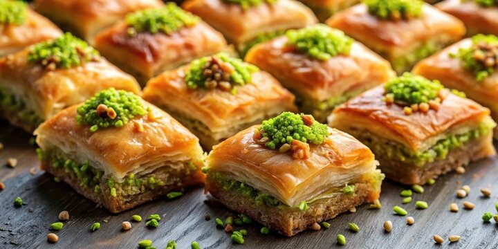 Delicate pastry leaves and crunchy chopped nuts create a visually appealing contrast in this close-up shot of a traditional Turkish baklava dessert , texture, sweet treats