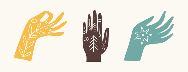 boho hands art mystical set. Reiki meditation hand witchcraft sacred mystical hand drawn color doodle symbol vector illustration