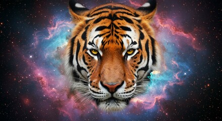 Fototapeta premium Majestic Tiger Head in Cosmic Nebula Mystical Space Wildlife Portrait
