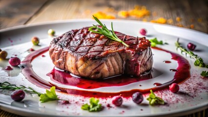 Close-up of a juicy steak on a white plate with abstract background texture resembling splattered wine and art brushstrokes, fine dining, restaurant