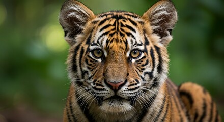 Fototapeta premium Majestic Young Sumatran Tiger Cub Close Up Portrait in Lush Green Forest