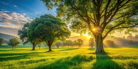 Fototapeta premium Golden sunlight filters through trees in a lush green meadow on a sunny day with a gentle breeze , trees