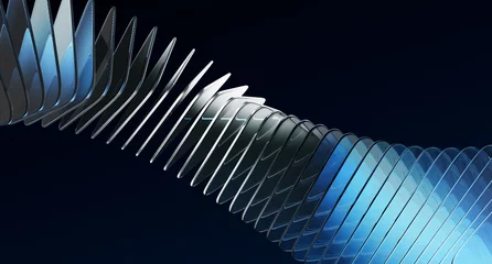 Fotobehang Abstracte Golf Abstract black 3d background with glass transparent rectangle plates row, light blue gradient and speed motion effect. Hologram curve wave line pattern. Render futuristic digital tech. 3D illustration  © marozhkastudio