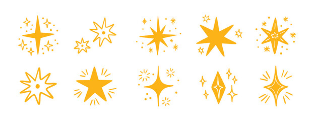 Boho doodle cute hand drawn yellow star set. Star element gold magic symbol decoration collection