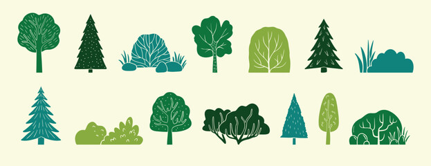 Scandinavian green boho forest silhouette isolated elements set. Color collection different forest plants. trees, bushes, grass, logs, leaves