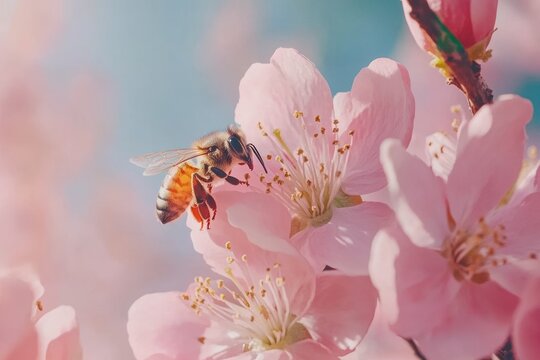 Close-up of bees pollinating pink peach blossoms, spring garden theme