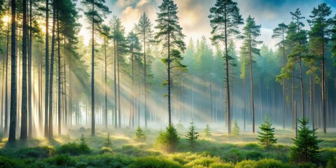 Obraz premium A misty morning in a serene forest with tall trees covered in dew droplets and a soft blanket of fog slowly lifting, creating an ethereal atmosphere , dew, dawn