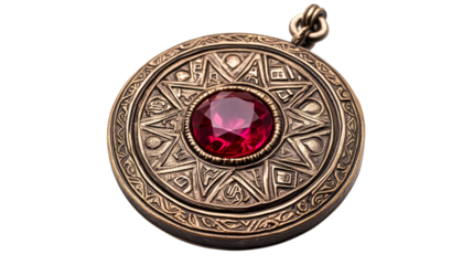 Ornamental metal amulet with ruby gem, ancient artifact, cut out transparent