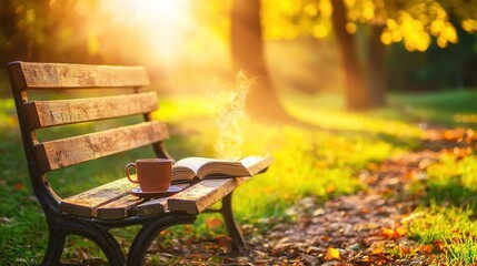 Fototapeta premium Warm autumn morning a steaming cup and open book on a park bench bathed in sunlight
