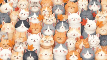 Vibrant gathering of fluffy cats in warm autumn colors creating a cozy atmosphere