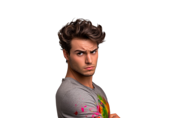 Man with suspicious look and colorful painted shirt, cut out transparent
