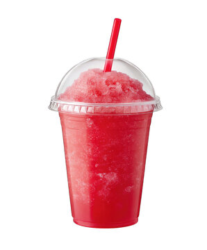 Refreshing frozen strawberry slush drink in plastic cup with straw on transparent PNG background