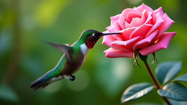 A hummingbird drinking nectar from a blooming pink rose in a tranquil green garden