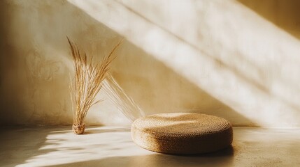 Sunlit Room with Woven Floor Cushion and Dried Flowers