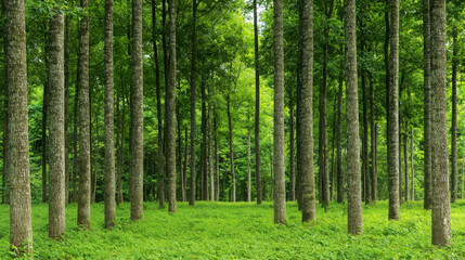 Fototapeta premium Lush Green Forest with Tall Trees Surrounded by Vibrant Green Underbrush and Sunlit Atmosphere