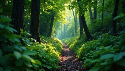 Fototapeta premium Narrow, overgrown forest path disappearing into dense foliage, branches, wilderness, wild