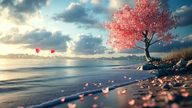 Pink tree blossoms fall on a serene beach at sunset