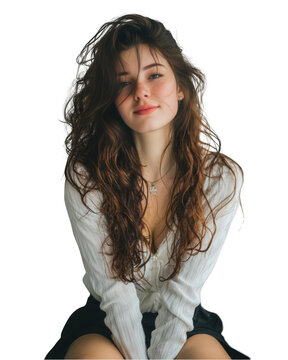 Portrait of a beautiful young woman with long brown wavy hair wearing a white blouse and sitting down against a studio shot on transparent background