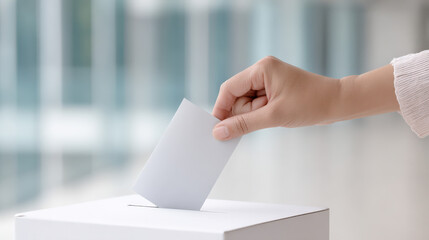 A woman's hand is placing a ballot into a white box, symbolizing participation in a vote. The background is soft-focused, emphasizing the act of voting and civic duty.