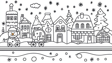 Naklejka premium Black and white illustration of a winter village with snowman and a festive train under snowflakes