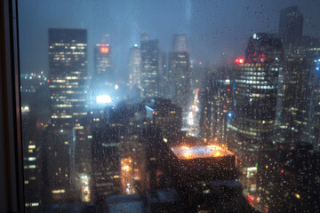 Obraz premium Rainy night view of a cityscape with glistening buildings and reflections through a window