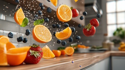 Fresh strawberries, oranges, and blueberries are creatively suspended in mid air above a kitchen counter, suggesting healthy eating and vibrant nutrition options.