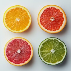 Fototapeta premium Sliced citrus fruits including orange, grapefruit, and lime are arranged on a white surface creating a bright, colorful, and refreshing display of produce.