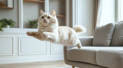 modern living room with gray armchair and playful white cat leaping mid-air 