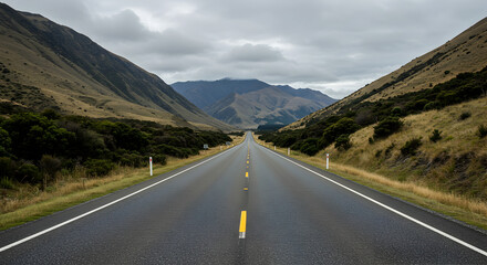 Naklejka premium Long Road through Mountain Pass Under Cloudy Sky Landscape