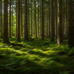 Obraz premium Lush Forest Scene Tall Spruce Trees and Vibrant Greenery Background