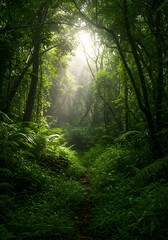 Obraz premium Lush Green Forest Illustration Sunlight Beaming Through Trees Outdoors