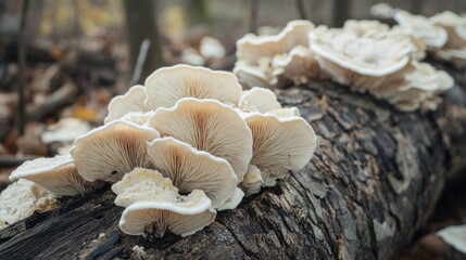Cluster of creamy white shelf mushrooms thriving on decaying log in autumnal forest