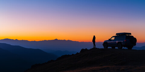 Off-Road Adventure with 4x4 Vehicle and Stunning Sunset Background