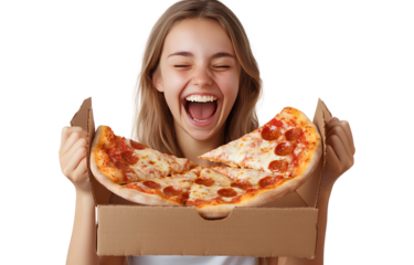  Young woman eating pizza and laughing in front of a pizza box, isolated on a transparent background. PNG photo cutout